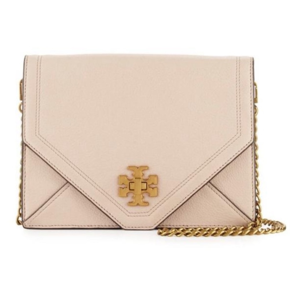 Tory Burch Kira Envelope Nude Leather Cross Body Bag.